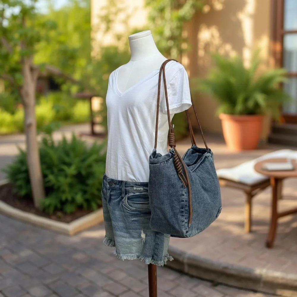NWT Large Light Denim Tote Bag with Zip Top Closure! New! - Picture 10 of 10